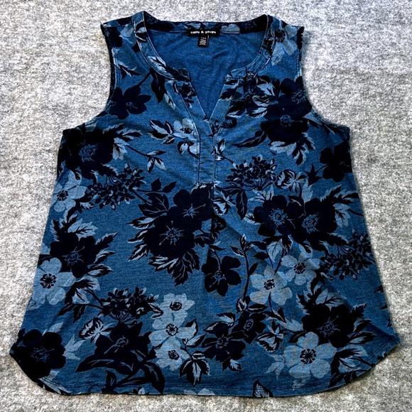 Cable & Gauge Womens L Blue Floral Print Sleeveless Top V Neck Polyester Rayon - Picture 1 of 8